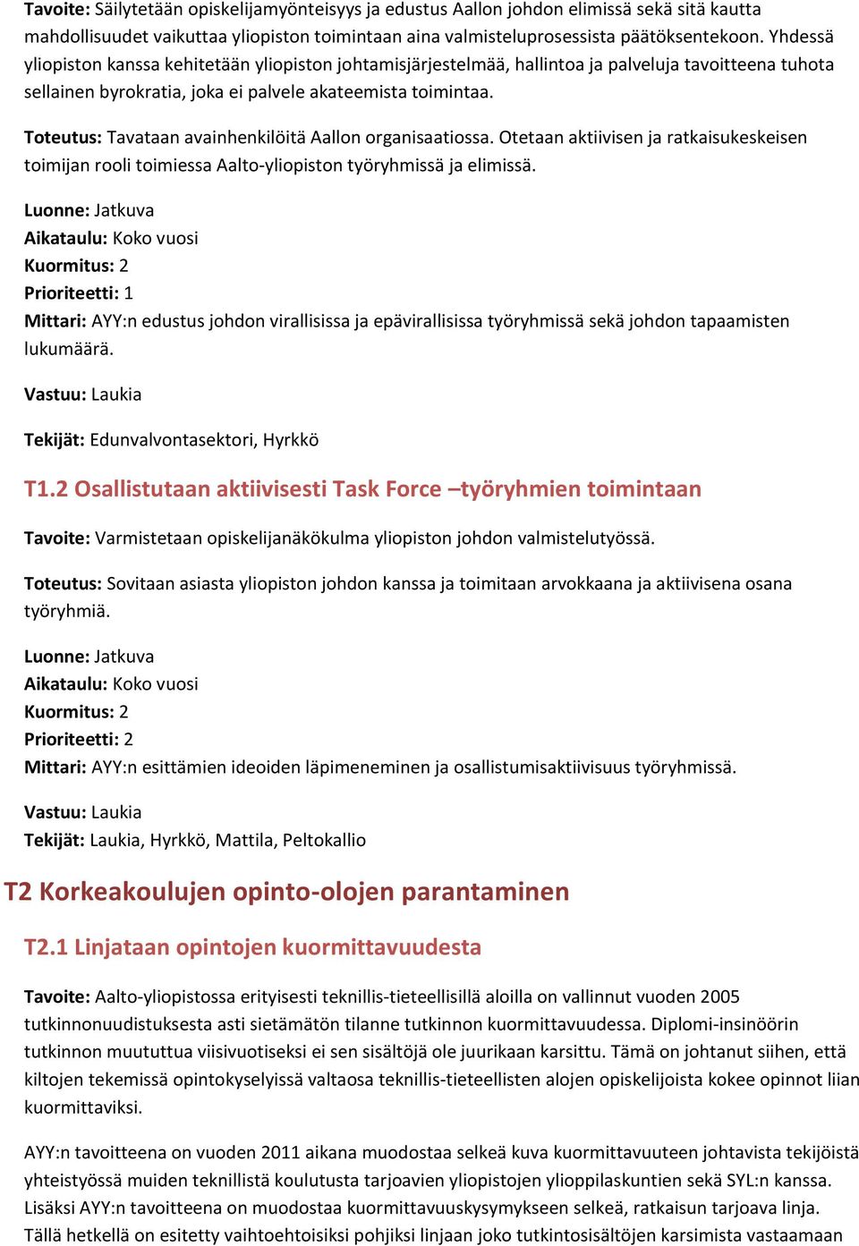 Toteutus: Tavataan avainhenkilöitä Aallon organisaatiossa. Otetaan aktiivisen ja ratkaisukeskeisen toimijan rooli toimiessa Aalto-yliopiston työryhmissä ja elimissä.