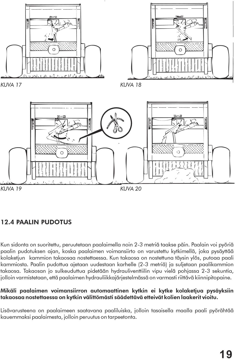 Kun takaosa on nostettuna täysin ylös, putoaa paali kammiosta. Paalin pudottua ajetaan uudestaan karhelle (2-3metriä) ja suljetaan paalikammion takaosa.