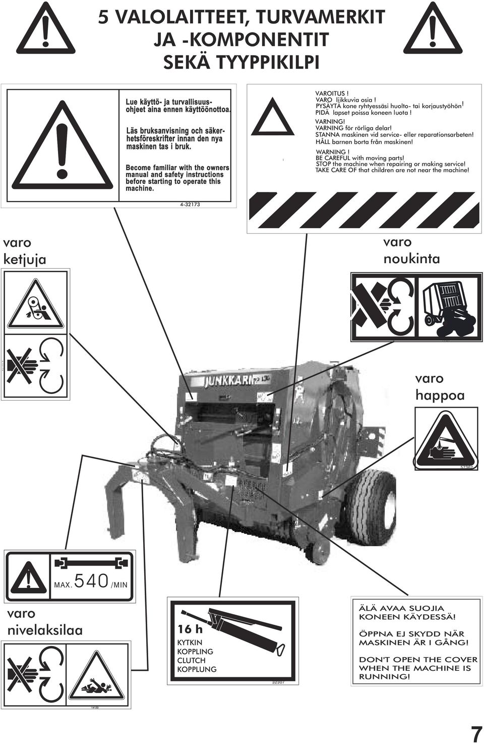 PIDÄ lapset poissa koneen luota! VARNING! VARNING för rörliga delar! STANNA maskinen vid service- eller reparationsarbeten! HÅLL barnen borta från maskinen! WARNING! BE CAREFUL with moving parts!