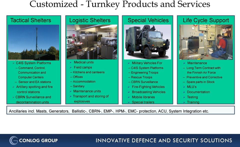 Sanitary Maintenance units Transport and storing of explosives Military Vehicles For -- C4IS System Platforms -- Engineering Troops -- Rescue Troops -- CBRN Surveillance Fire-Fighting Vehicles