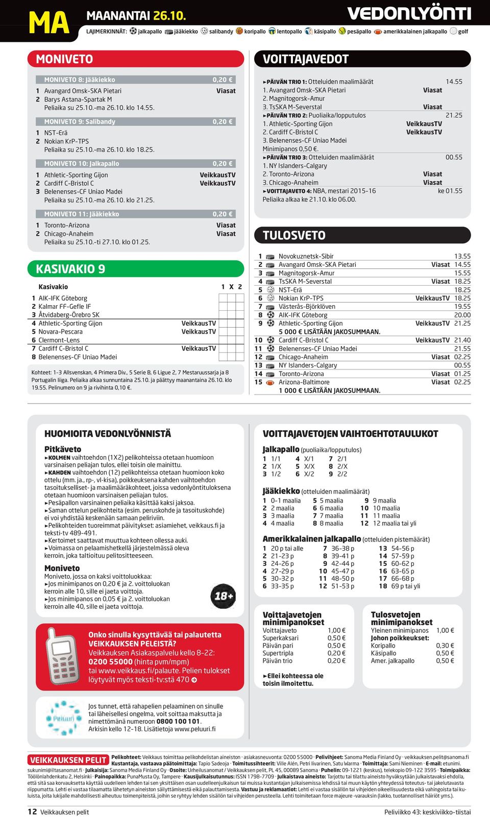 Astana Spartak M Peliaika su 25.10. ma 26.10. klo 14.55. MONIVETO 9: Salibandy 0,20 1 NST Erä 2 Nokian KrP TPS Peliaika su 25.10. ma 26.10. klo 18.25. MONIVETO 10: Jalkapallo 0,20 1 Athletic Sporting Gijon VeikkausTV 2 Cardiff C Bristol C VeikkausTV 3 Belenenses CF Uniao Madei Peliaika su 25.