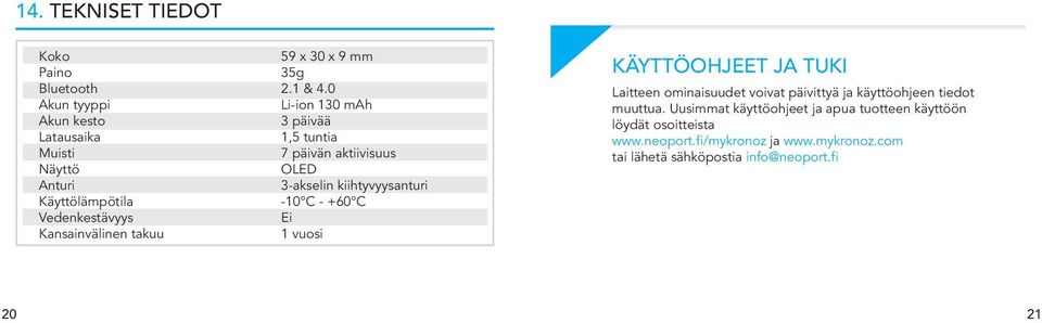 khtyvyysantur Käyttölämpötla -10 C - +60 C Vedenkestävyys E Kansanvälnen takuu 1 vuos KÄYTTÖOHJEET JA TUKI Latteen