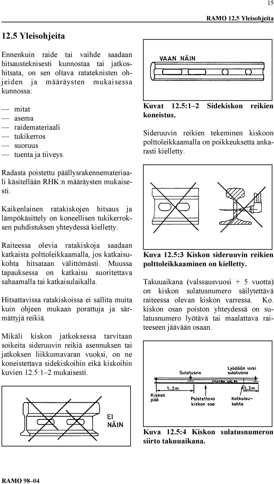 tukikerros suoruus tuenta ja tiiveys. Kuvat 12.5:1 2 Sidekiskon reikien koneistus. Sideruuvin reikien tekeminen kiskoon polttoleikkaamalla on poikkeuksetta ankarasti kielletty.