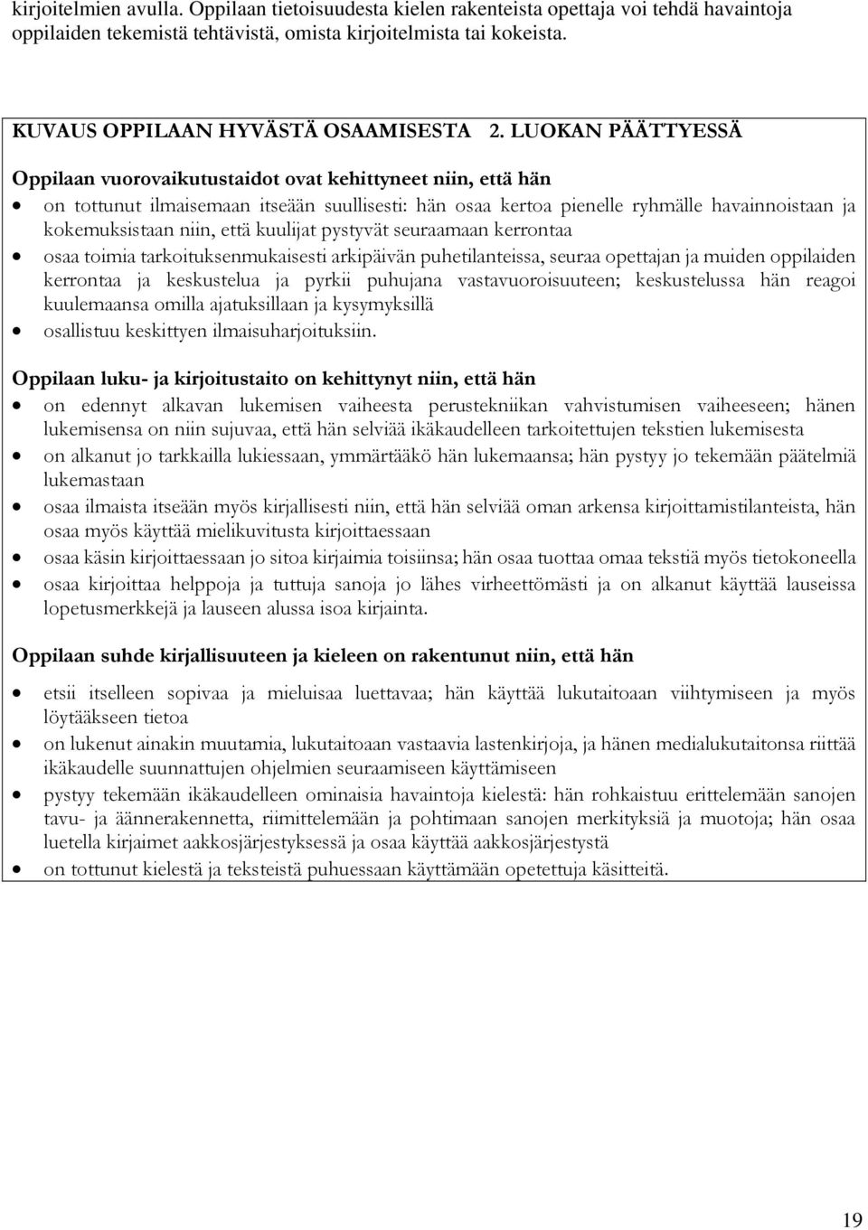 LUOKAN PÄÄTTYESSÄ Oppilaan vuorovaikutustaidot ovat kehittyneet niin, että hän on tottunut ilmaisemaan itseään suullisesti: hän osaa kertoa pienelle ryhmälle havainnoistaan ja kokemuksistaan niin,