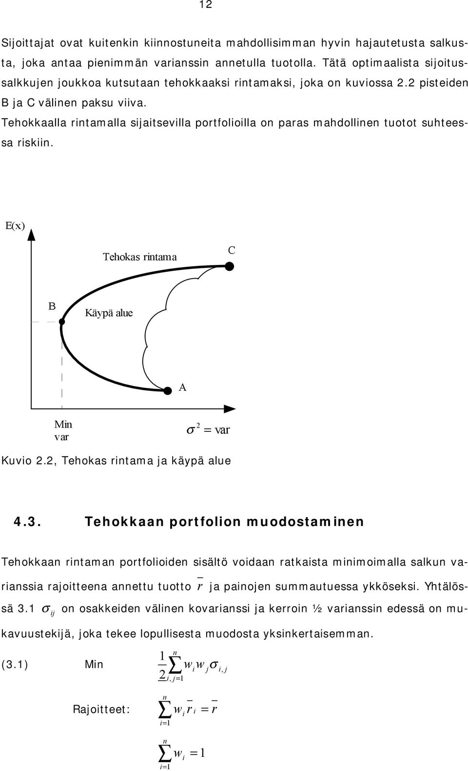 Tehokkaalla rntamalla sjatsevlla portfololla on paras mahdollnen tuotot suhteessa rskn. E(x) Tehokas rntama C B Käypä alue A Mn var σ 2 = var Kuvo 2.2, Tehokas rntama ja käypä alue 4.3.