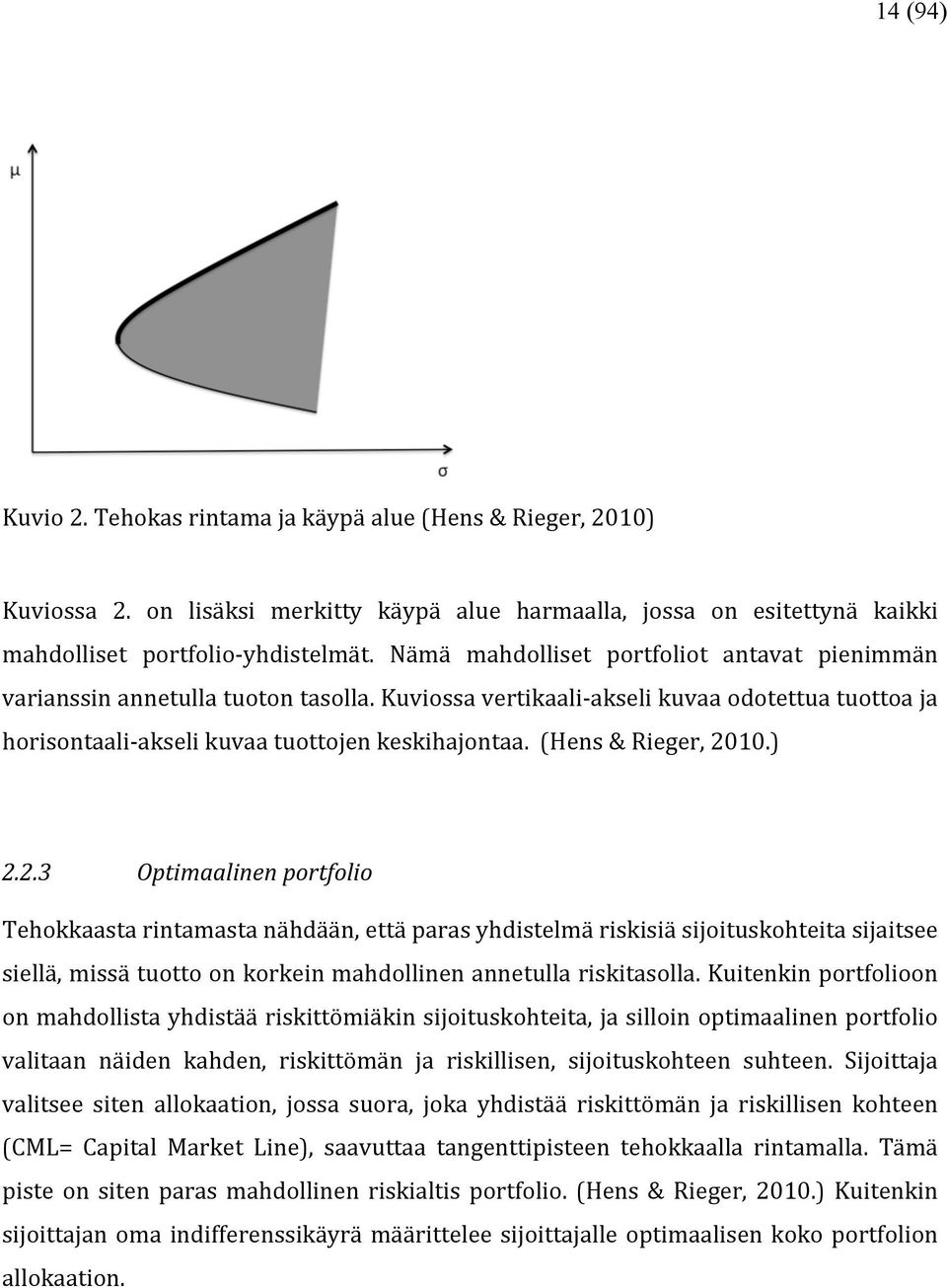 (Hens & Rieger, 2010.) 2.2.3 Optimaalinen portfolio Tehokkaasta rintamasta nähdään, että paras yhdistelmä riskisiä sijoituskohteita sijaitsee siellä, missä tuotto on korkein mahdollinen annetulla riskitasolla.