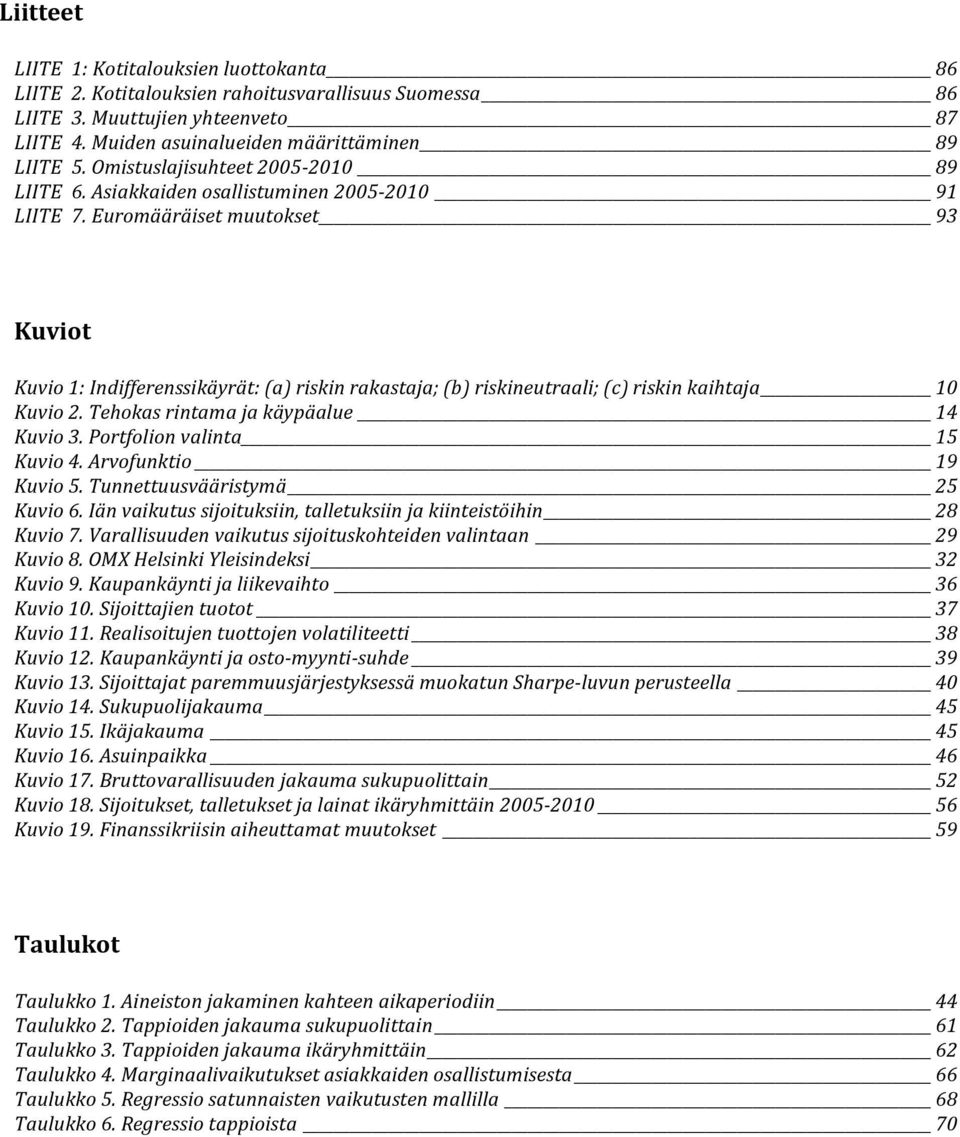 Euromääräiset muutokset 93 Kuviot Kuvio 1: Indifferenssikäyrät: (a) riskin rakastaja; (b) riskineutraali; (c) riskin kaihtaja 10 Kuvio 2. Tehokas rintama ja käypäalue 14 Kuvio 3.