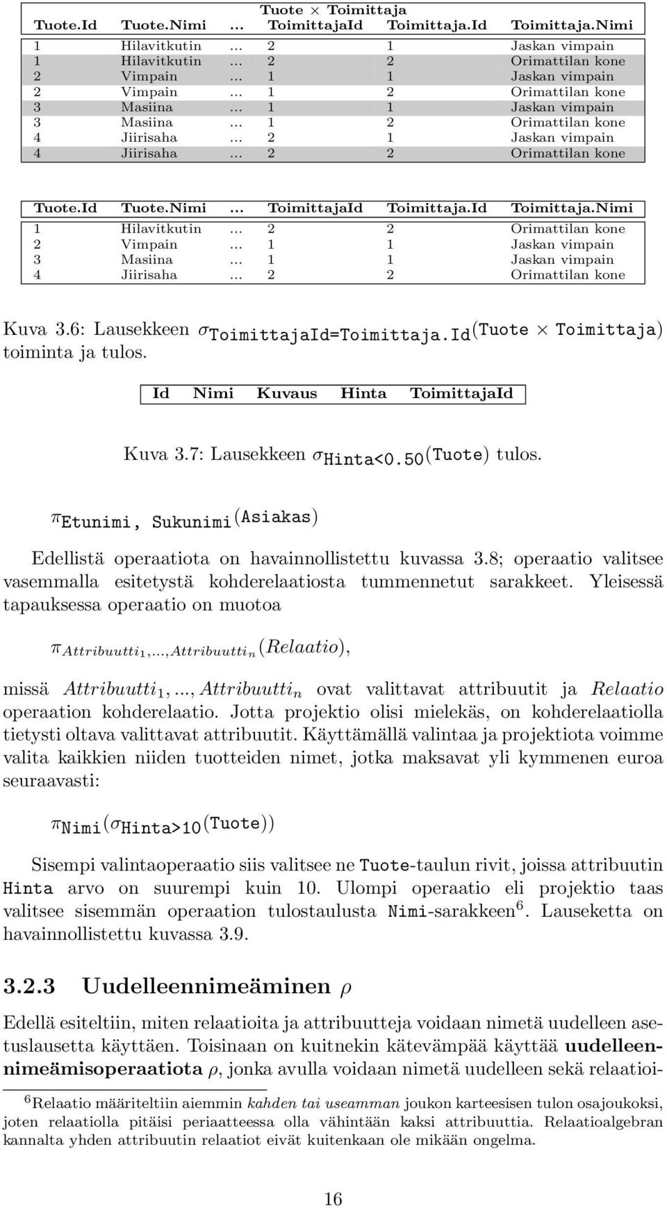 .. ToimittajaId Toimittaja.Id Toimittaja.Nimi 1 Hilavitkutin... 2 2 Orimattilan kone 2 Vimpain... 1 1 Jaskan vimpain 3 Masiina... 1 1 Jaskan vimpain 4 Jiirisaha... 2 2 Orimattilan kone Kuva 3.