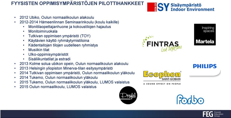 Ulko-oppimisympäristöt Sisäliikuntatilat ja estradi 2013 Kolme solua ubikon opein, Oulun normaalikoulun alakoulu 2013 Helsingin yliopiston Minerva-tilan esitysympäristö 2014