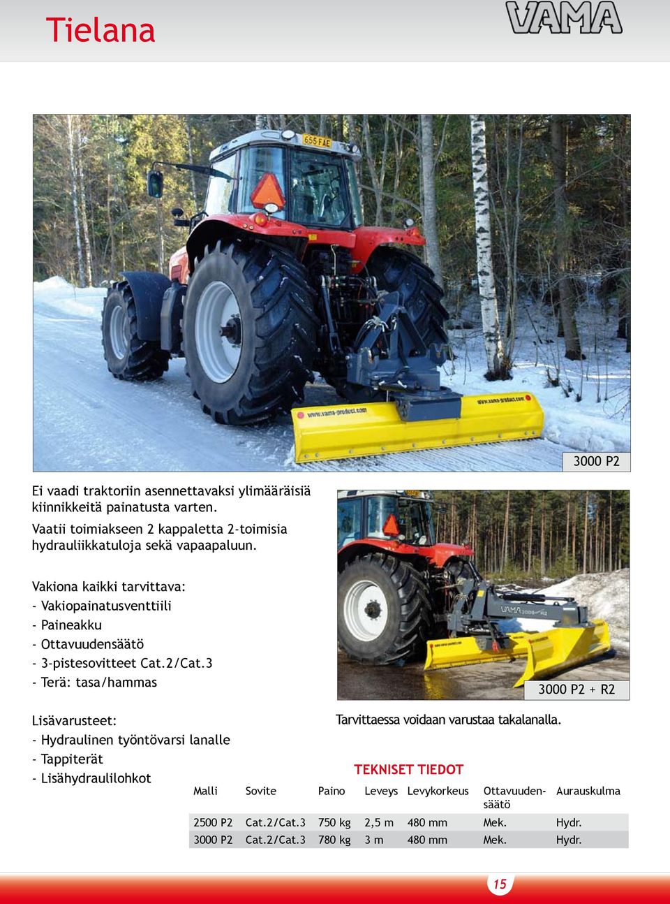 Vakiona kaikki tarvittava: - Vakiopainatusventtiili - Paineakku - Ottavuudensäätö - 3-pistesovitteet Cat.2/Cat.