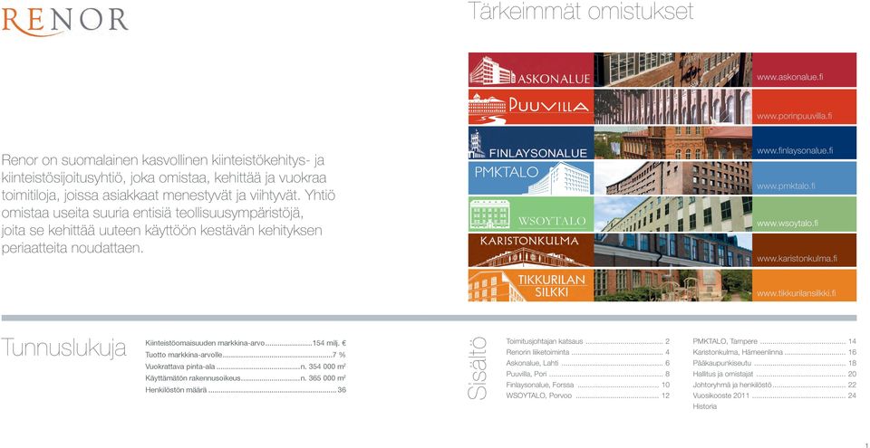 Yhtiö omistaa useita suuria entisiä teollisuusympäristöjä, joita se kehittää uuteen käyttöön kestävän kehityksen periaatteita noudattaen. WSOYTALO www.finlaysonalue.fi www.pmktalo.fi www.wsoytalo.