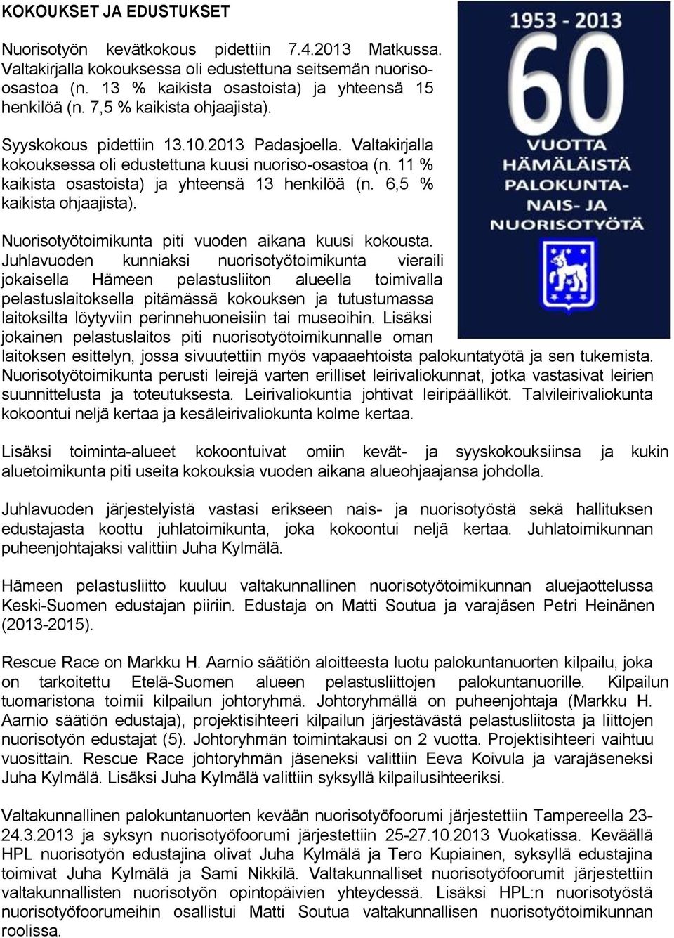 11 % kaikista osastoista) ja yhteensä 13 henkilöä (n. 6,5 % kaikista ohjaajista). Nuorisotyötoimikunta piti vuoden aikana kuusi kokousta.