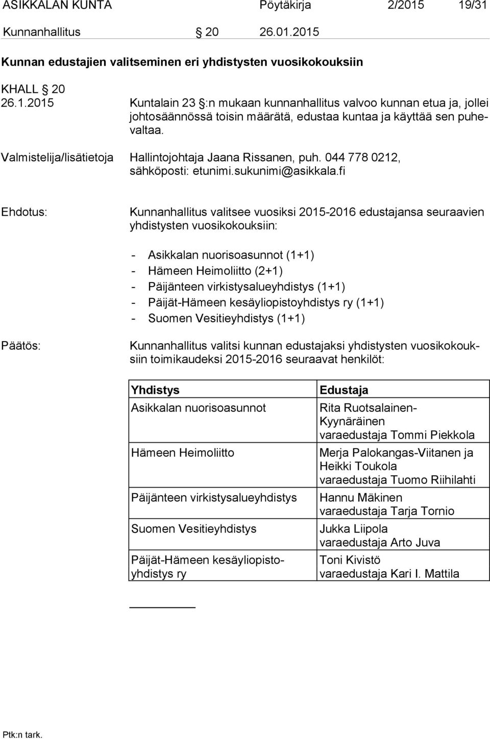 fi Kunnanhallitus valitsee vuosiksi 2015-2016 edustajansa seuraavien yh dis tys ten vuosikokouksiin: - Asikkalan nuorisoasunnot (1+1) - Hämeen Heimoliitto (2+1) - Päijänteen virkistysalueyhdistys