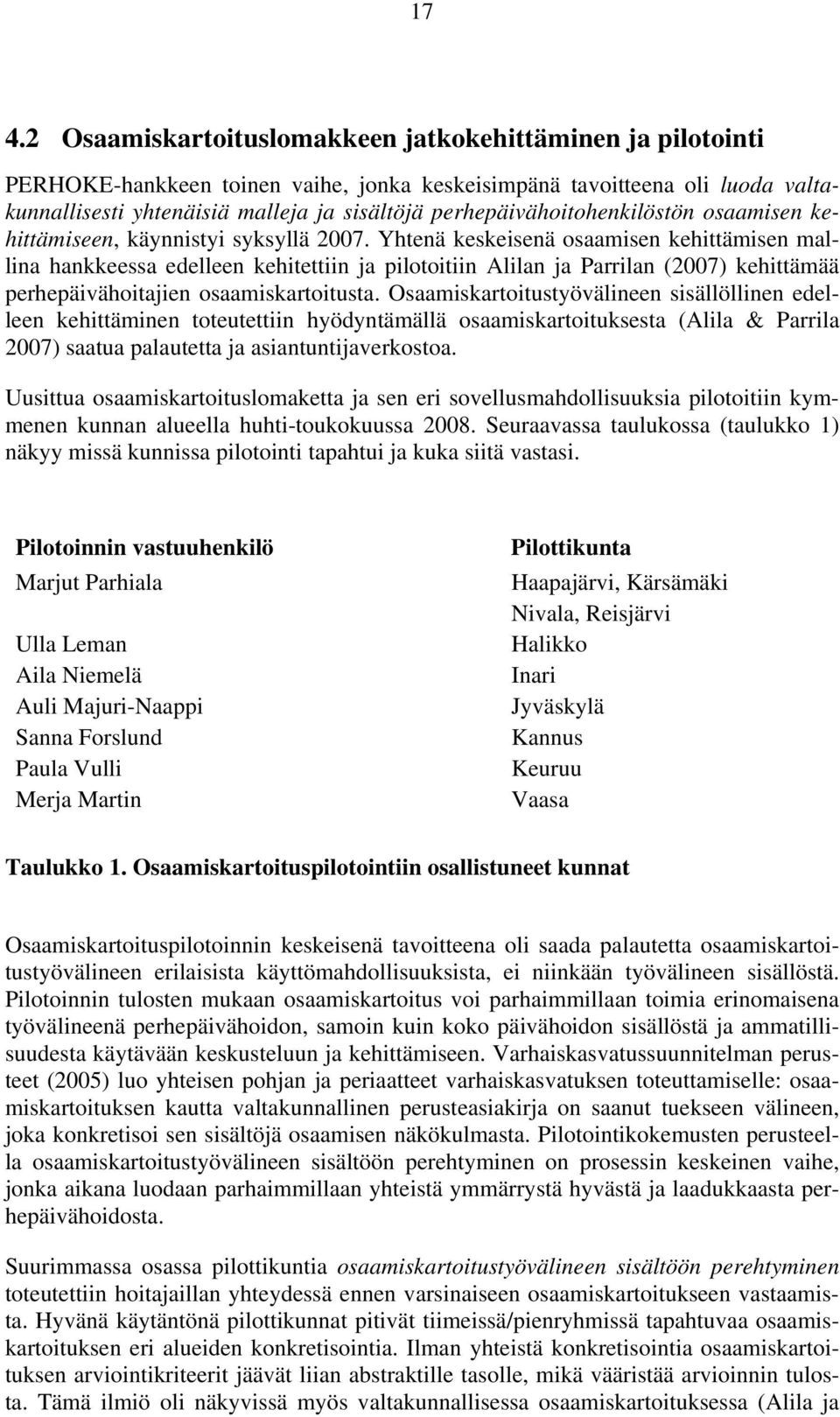 Yhtenä keskeisenä osaamisen kehittämisen mallina hankkeessa edelleen kehitettiin ja pilotoitiin Alilan ja Parrilan (2007) kehittämää perhepäivähoitajien osaamiskartoitusta.