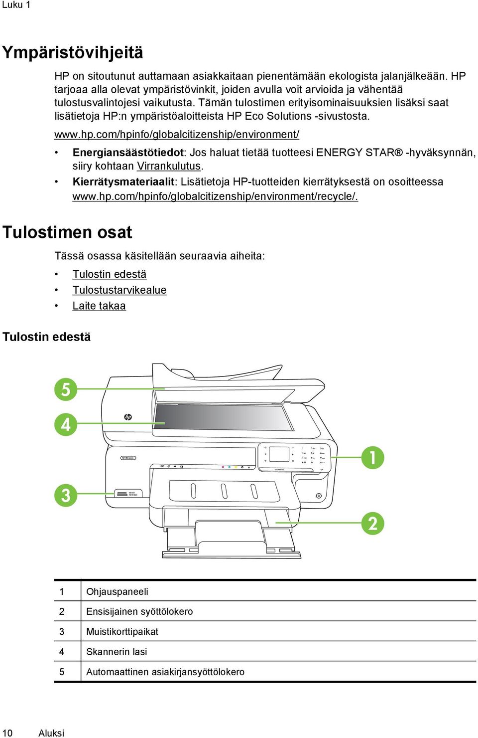 Tämän tulostimen erityisominaisuuksien lisäksi saat lisätietoja HP:n ympäristöaloitteista HP Eco Solutions -sivustosta. www.hp.