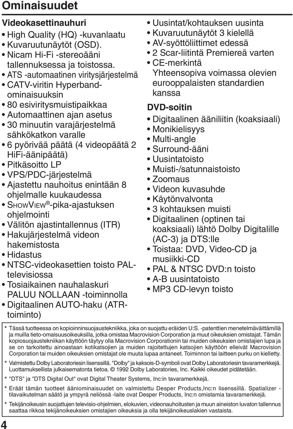 videopäätä HiFi-äänipäätä) Pitkäsoitto LP VPS/PDC-järjestelmä Ajastettu nauhoitus enintään 8 ohjelmalle kuukaudessa SHOWVIEW -pika-ajastuksen ohjelmointi Välitön ajastintallennus (ITR)