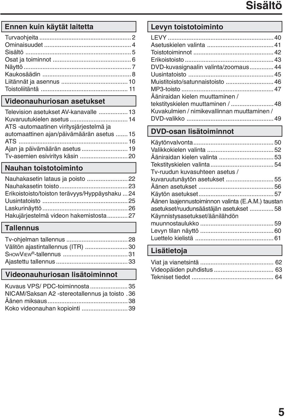 ..6 Ajan ja päivämäärän asetus... 9 Tv-asemien esiviritys käsin... 0 Nauhan toistotoiminto Nauhakasetin lataus ja poisto... Nauhakasetin toisto... Erikoistoisto/toiston terävyys/hyppäyshaku.