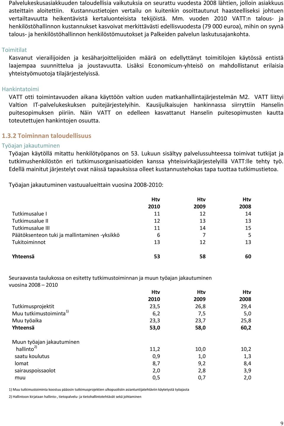 vuoden 2010 VATT:n talous ja henkilöstöhallinnon kustannukset kasvoivat merkittävästi edellisvuodesta (79 000 euroa), mihin on syynä talous ja henkilöstöhallinnon henkilöstömuutokset ja Palkeiden