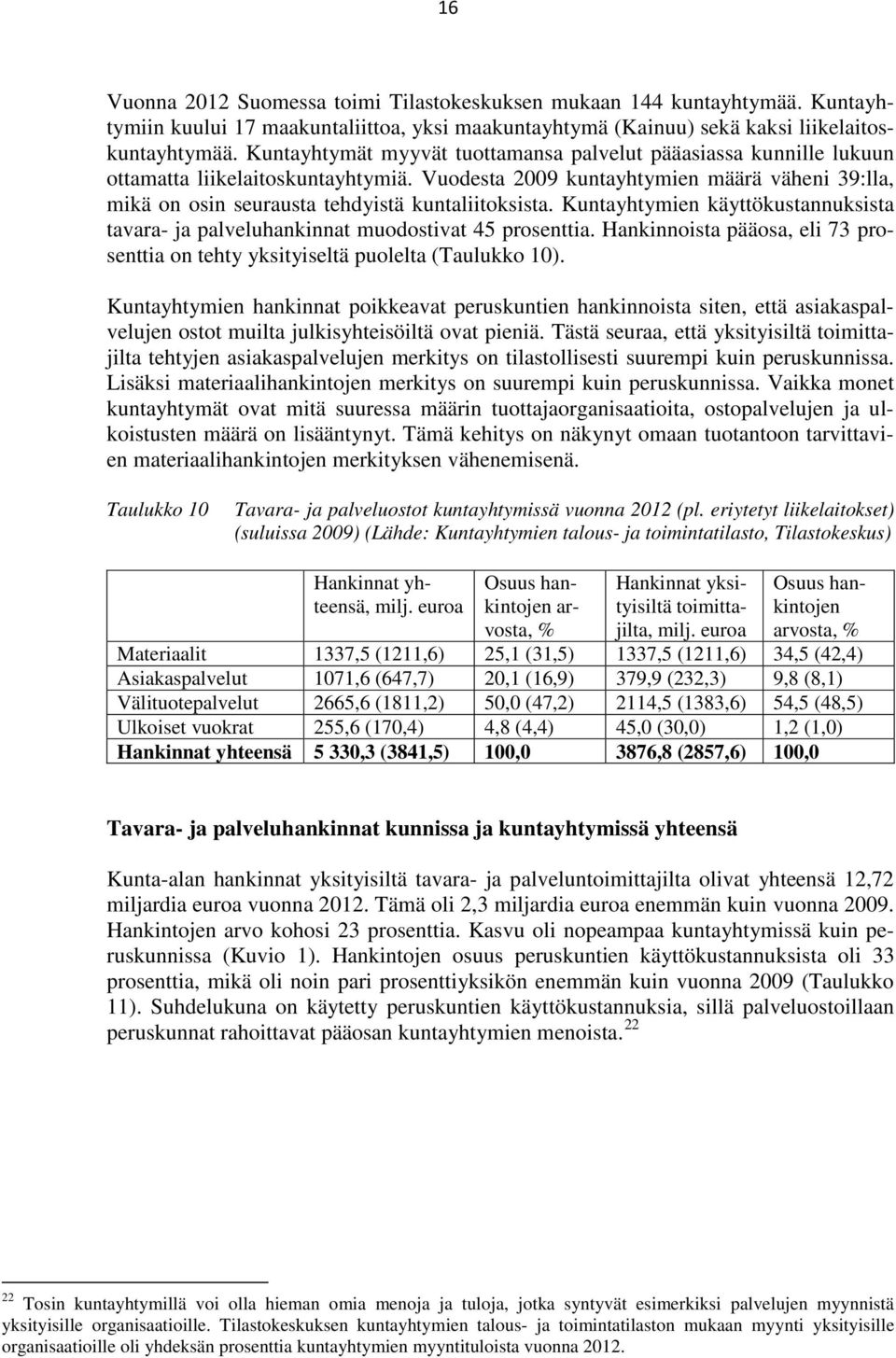 Vuodesta 2009 kuntayhtymien määrä väheni 39:lla, mikä on osin seurausta tehdyistä kuntaliitoksista. Kuntayhtymien käyttökustannuksista tavara- ja palveluhankinnat muodostivat 45 prosenttia.