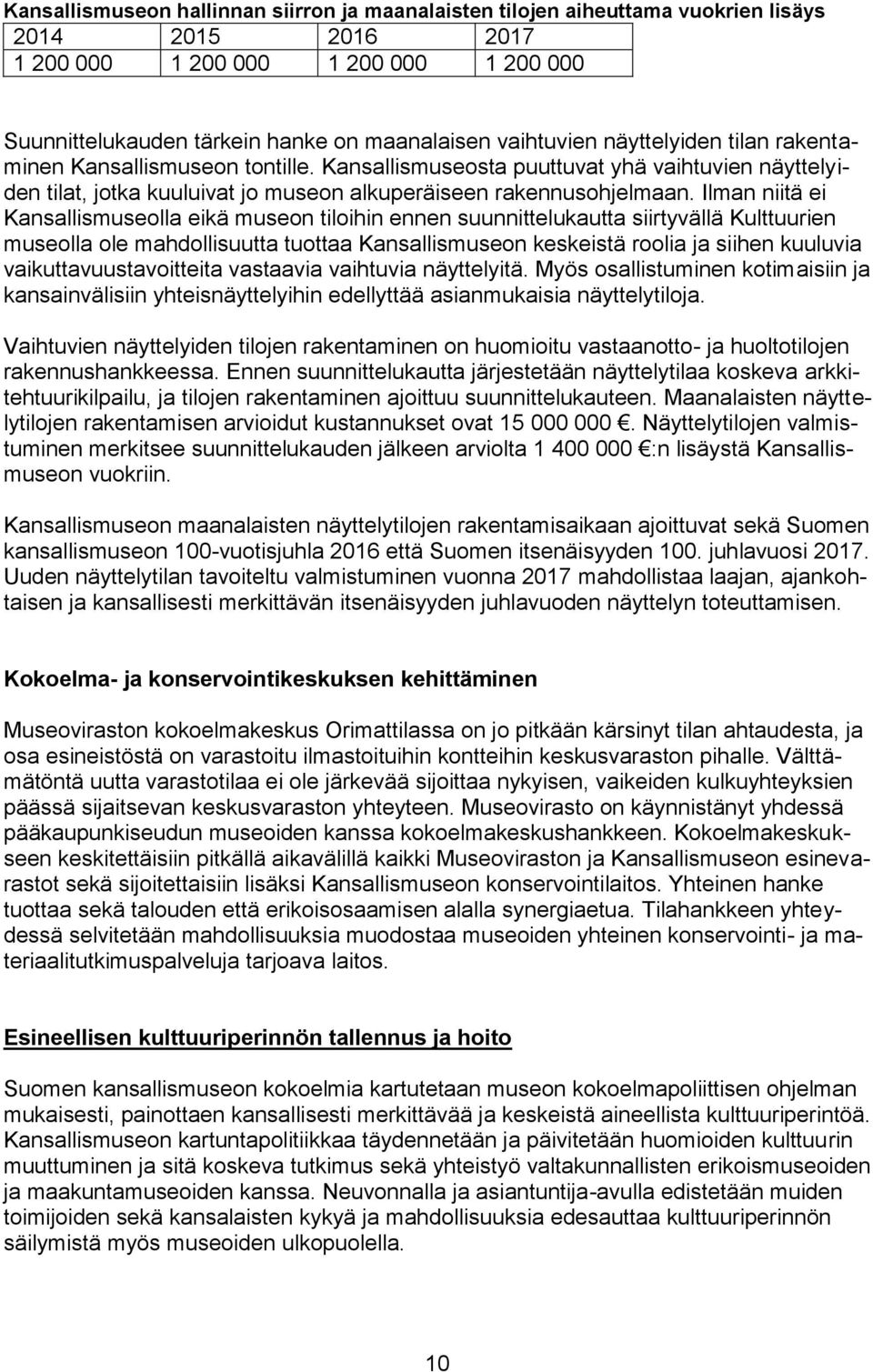 Ilman niitä ei Kansallismuseolla eikä museon tiloihin ennen suunnittelukautta siirtyvällä Kulttuurien museolla ole mahdollisuutta tuottaa Kansallismuseon keskeistä roolia ja siihen kuuluvia