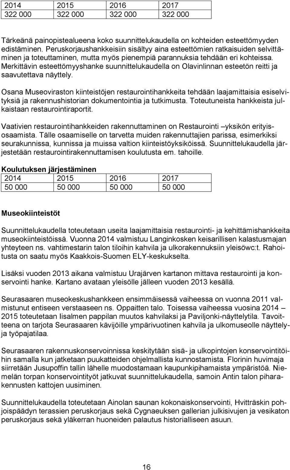 Merkittävin esteettömyyshanke suunnittelukaudella on Olavinlinnan esteetön reitti ja saavutettava näyttely.