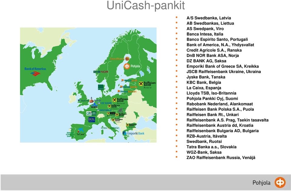 Lloyds TSB, Iso-Britannia Pohjola Pankki Oyj, Suomi Rabobank Nederland, Alankomaat Raiffeisen Bank Polska S.A., Puola Raiffeisen Bank Rt., Unkari Raiffeisenbank A.S. Prag, Tsekin tasavalta Raiffeisenbank Austria dd, Kroatia Raiffeisenbank Bulgaria AD, Bulgaria RZB-Austria, Itävalta Swedbank, Ruotsi Tatra Banka a.