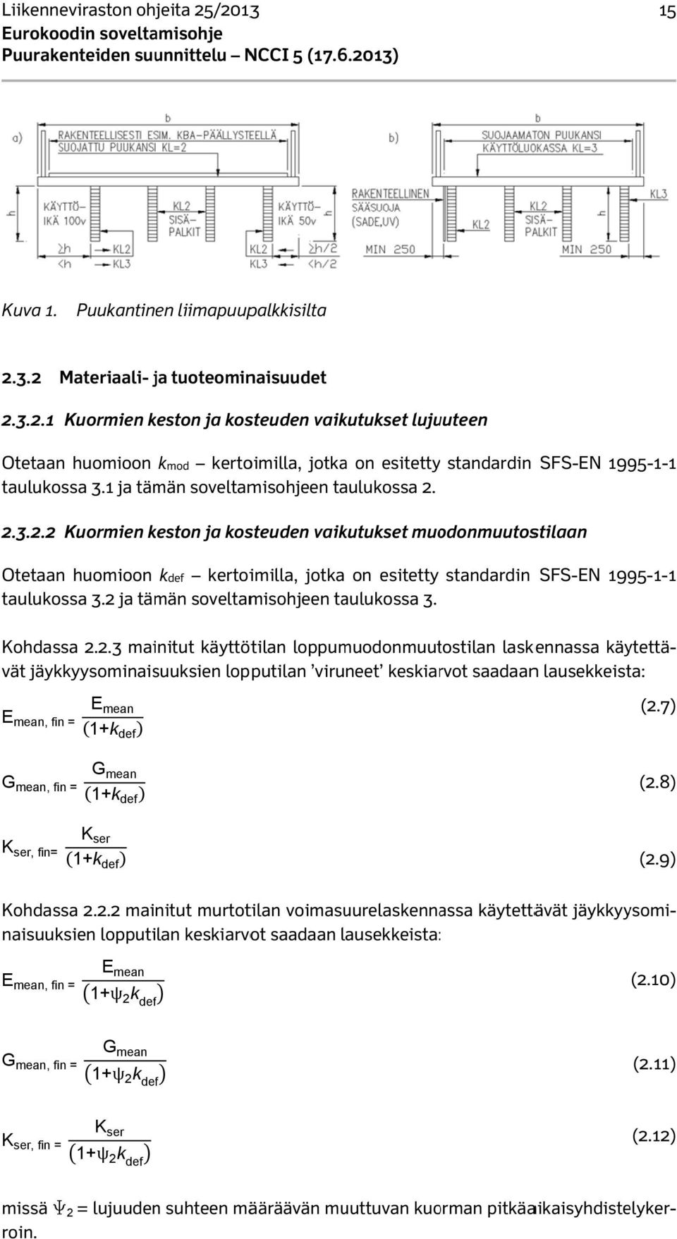 2 ja tämän soveltamisohjeen taulukossa 3. SFS-EN 1995-1-1 E mean, fin = E mean 1+k def (2.7) G mean, fin = G mean 1+k def (2.8) K ser, fin= K ser 1+k def (2.9) E mean, fin = E mean 1+ѱ 2 k def f (2.