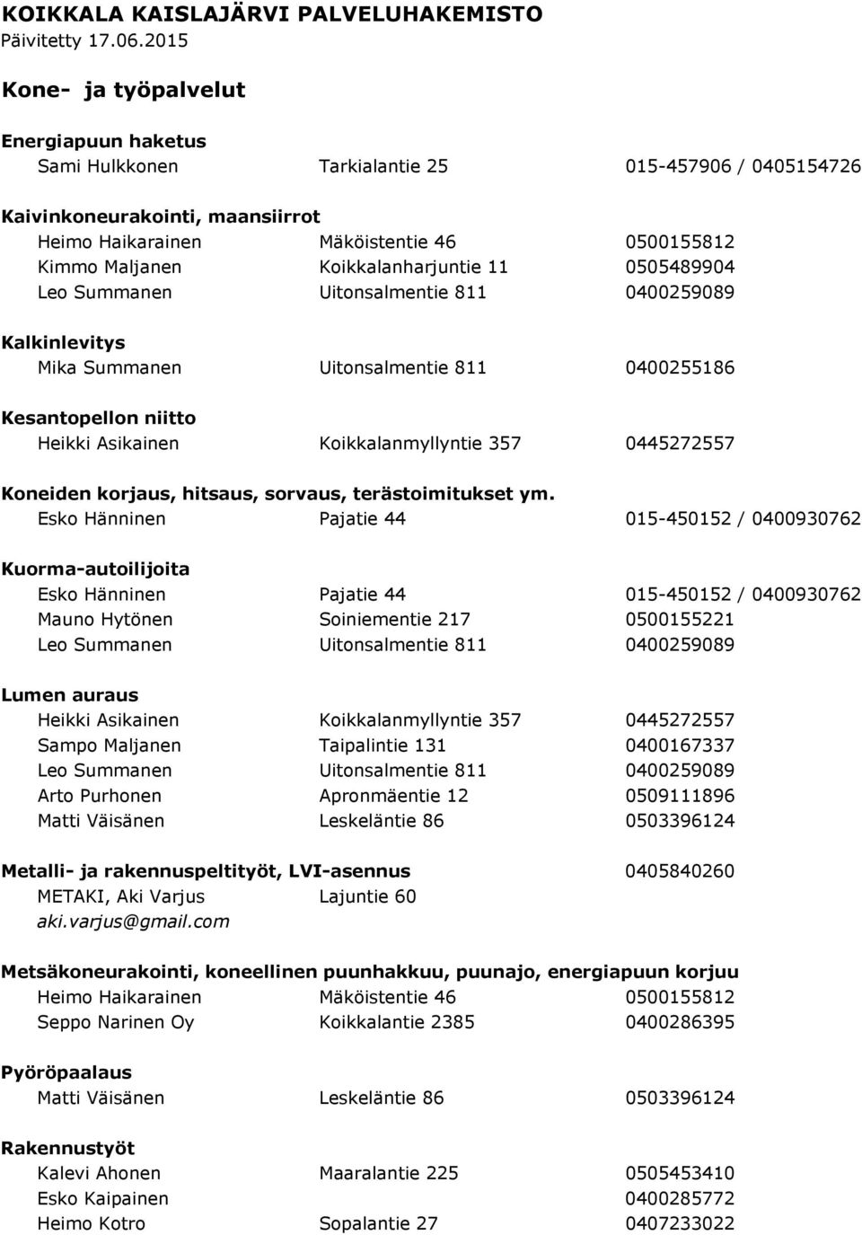 Summanen Uitonsalmentie 811 0400255186 Kesantopellon niitto Heikki Asikainen Koikkalanmyllyntie 357 0445272557 Koneiden korjaus, hitsaus, sorvaus, terästoimitukset ym.