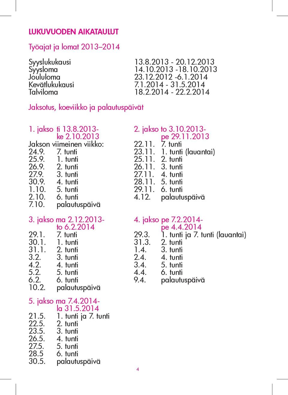 1. 7. tunti 30.1. 1. tunti 31.1. 2. tunti 3.2. 3. tunti 4.2. 4. tunti 5.2. 5. tunti 6.2. 6. tunti.2. palautuspäivä 5. jakso ma 7.4.20- la 31.5.20 21.5. 1. tunti ja 7. tunti 22.5. 2. tunti 23.5. 3. tunti 26.