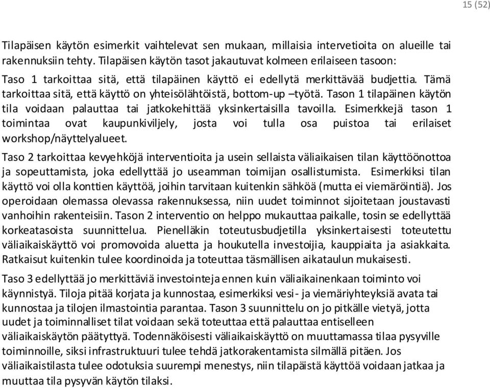 Tämä tarkoittaa sitä, että käyttö on yhteisölähtöistä, bottom-up työtä. Tason 1 tilapäinen käytön tila voidaan palauttaa tai jatkokehittää yksinkertaisilla tavoilla.