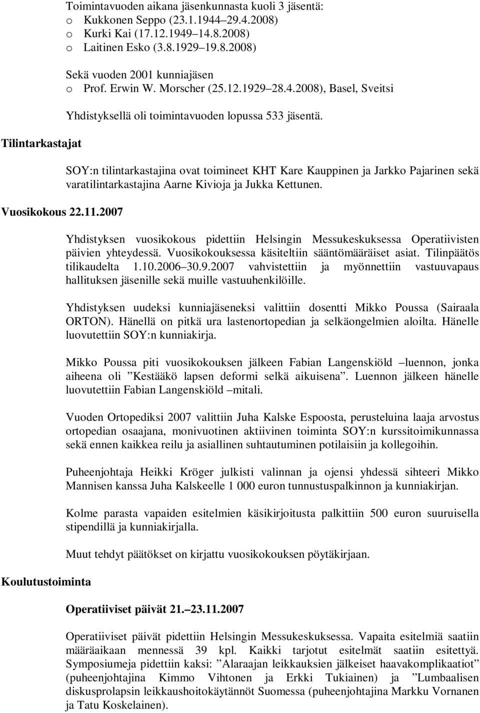 SOY:n tilintarkastajina ovat toimineet KHT Kare Kauppinen ja Jarkko Pajarinen sekä varatilintarkastajina Aarne Kivioja ja Jukka Kettunen.