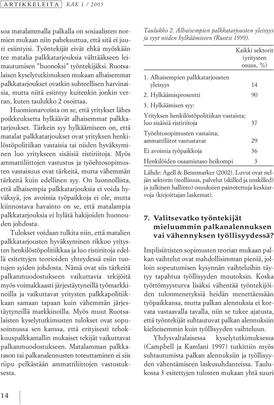 Ruotsalaisen kyselytutkimuksen mukaan alhaisemmat palkkatarjoukset ovatkin suhteellisen harvinaisia, mutta niitä esiintyy kuitenkin jonkin verran, kuten taulukko 2 osoittaa.