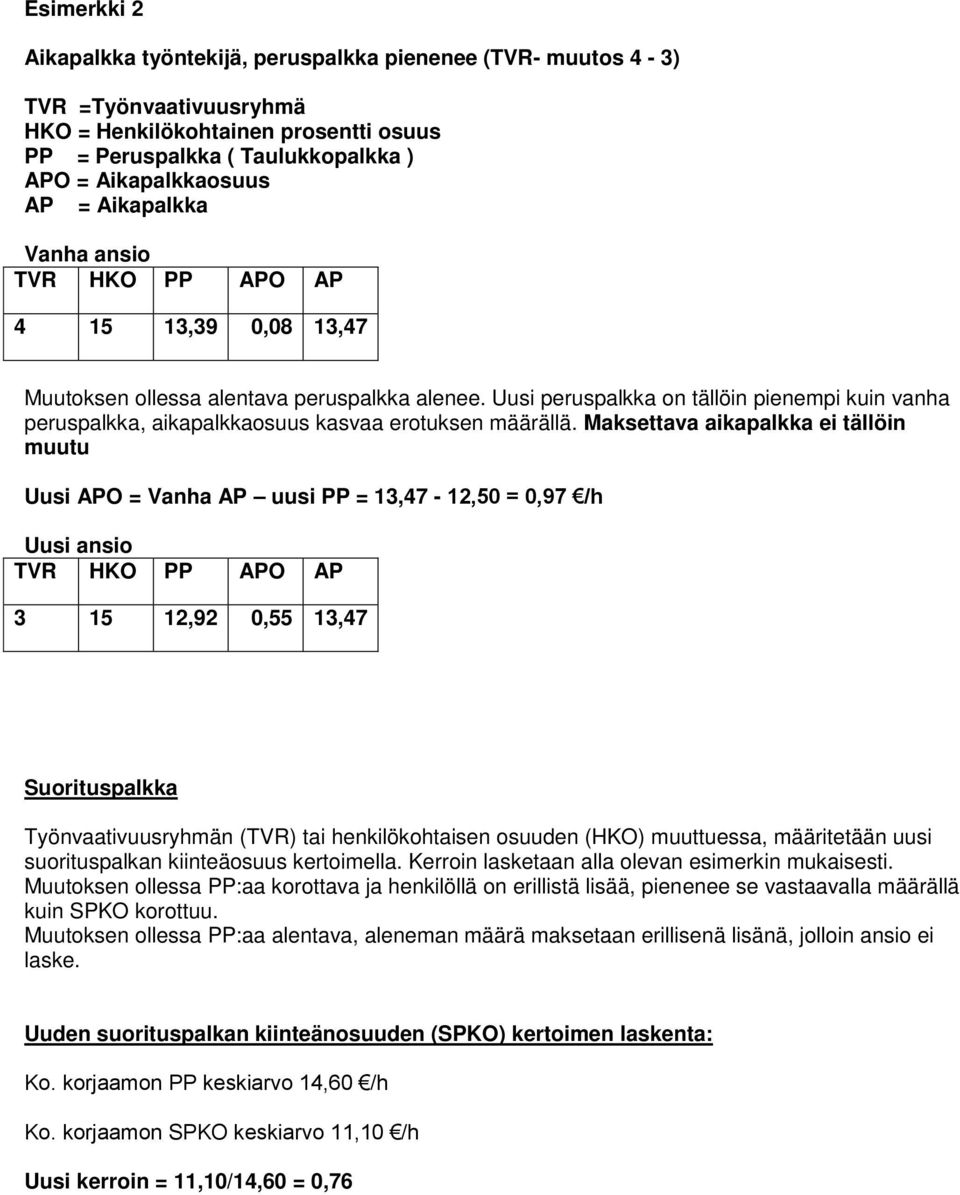 Uusi peruspalkka on tällöin pienempi kuin vanha peruspalkka, aikapalkkaosuus kasvaa erotuksen määrällä.