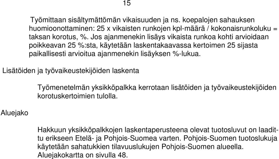 Lisätöiden ja työvaikeustekijöiden laskenta Aluejako Työmenetelmän yksikköpalkka kerrotaan lisätöiden ja työvaikeustekijöiden korotuskertoimien tulolla.