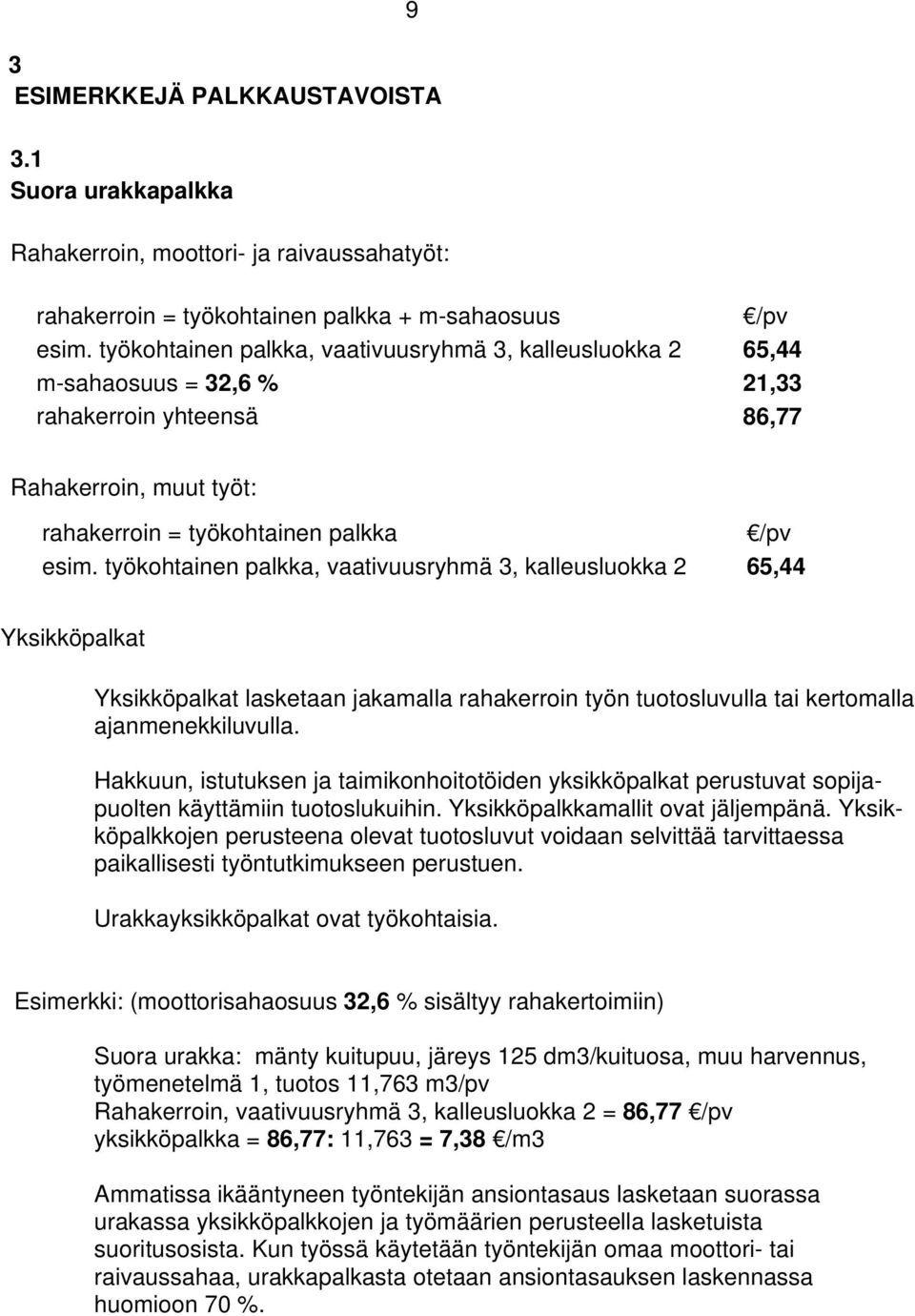työkohtainen palkka, vaativuusryhmä 3, kalleusluokka 2 65,44 Yksikköpalkat Yksikköpalkat lasketaan jakamalla rahakerroin työn tuotosluvulla tai kertomalla ajanmenekkiluvulla.