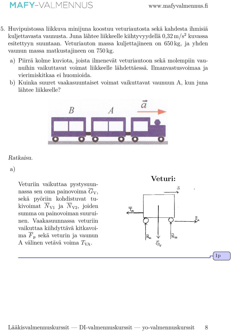 a) Piirrä kolme kuviota, joista ilmenevät veturiautoon sekä molempiin vaunuihin vaikuttavat voimat liikkeelle lähdettäessä. Ilmanvastusvoimaa ja vierimiskitkaa ei huomioida.