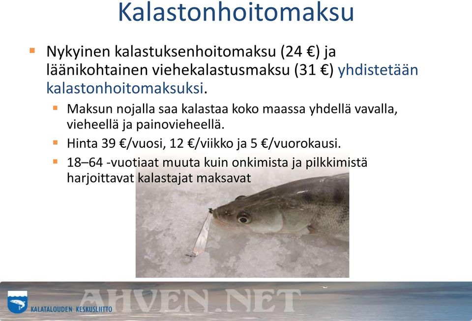 Maksun nojalla saa kalastaa koko maassa yhdellä vavalla, vieheellä ja painovieheellä.