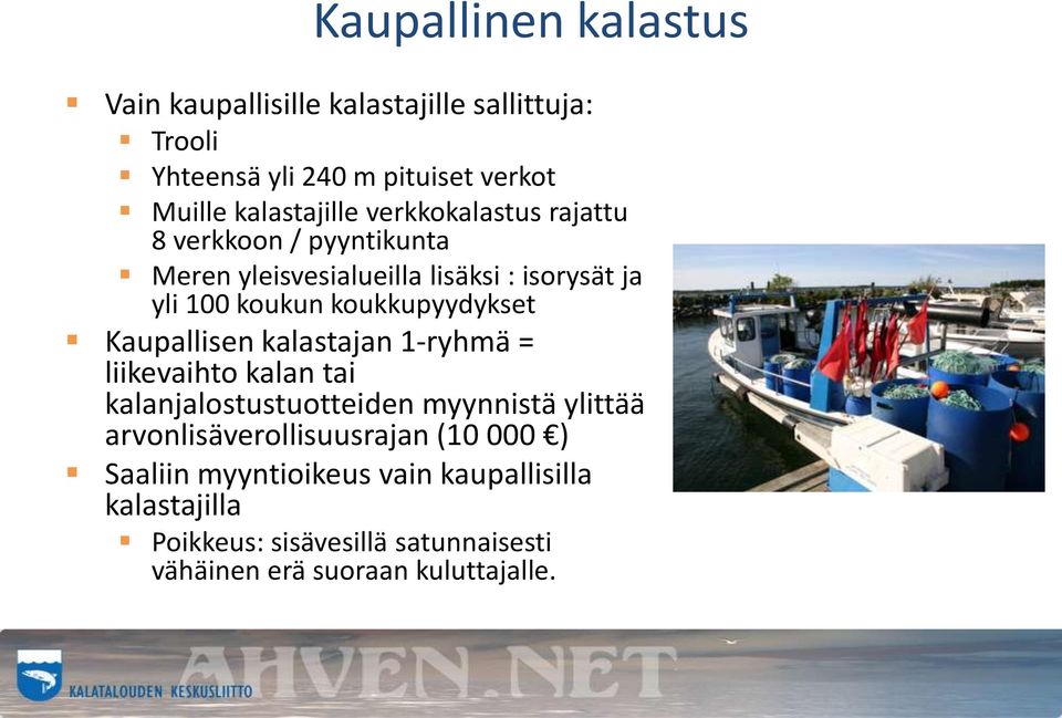 Kaupallisen kalastajan 1-ryhmä = liikevaihto kalan tai kalanjalostustuotteiden myynnistä ylittää arvonlisäverollisuusrajan (10