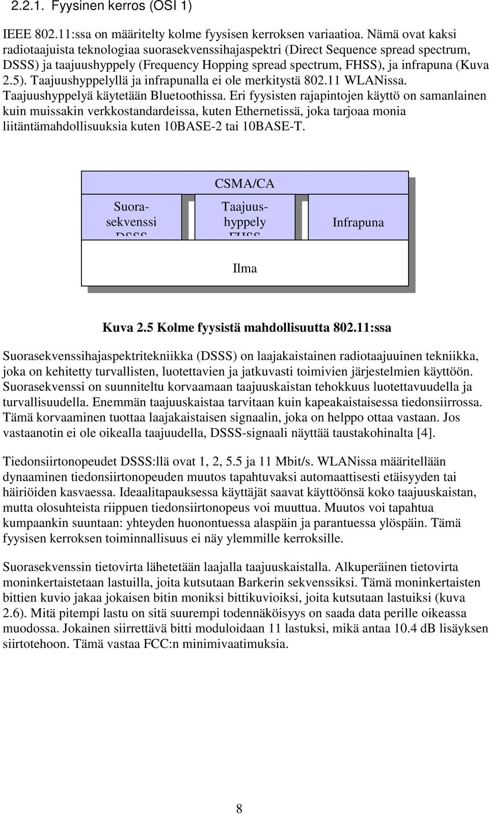 Taajuushyppelyllä ja infrapunalla ei ole merkitystä 802.11 WLANissa. Taajuushyppelyä käytetään Bluetoothissa.