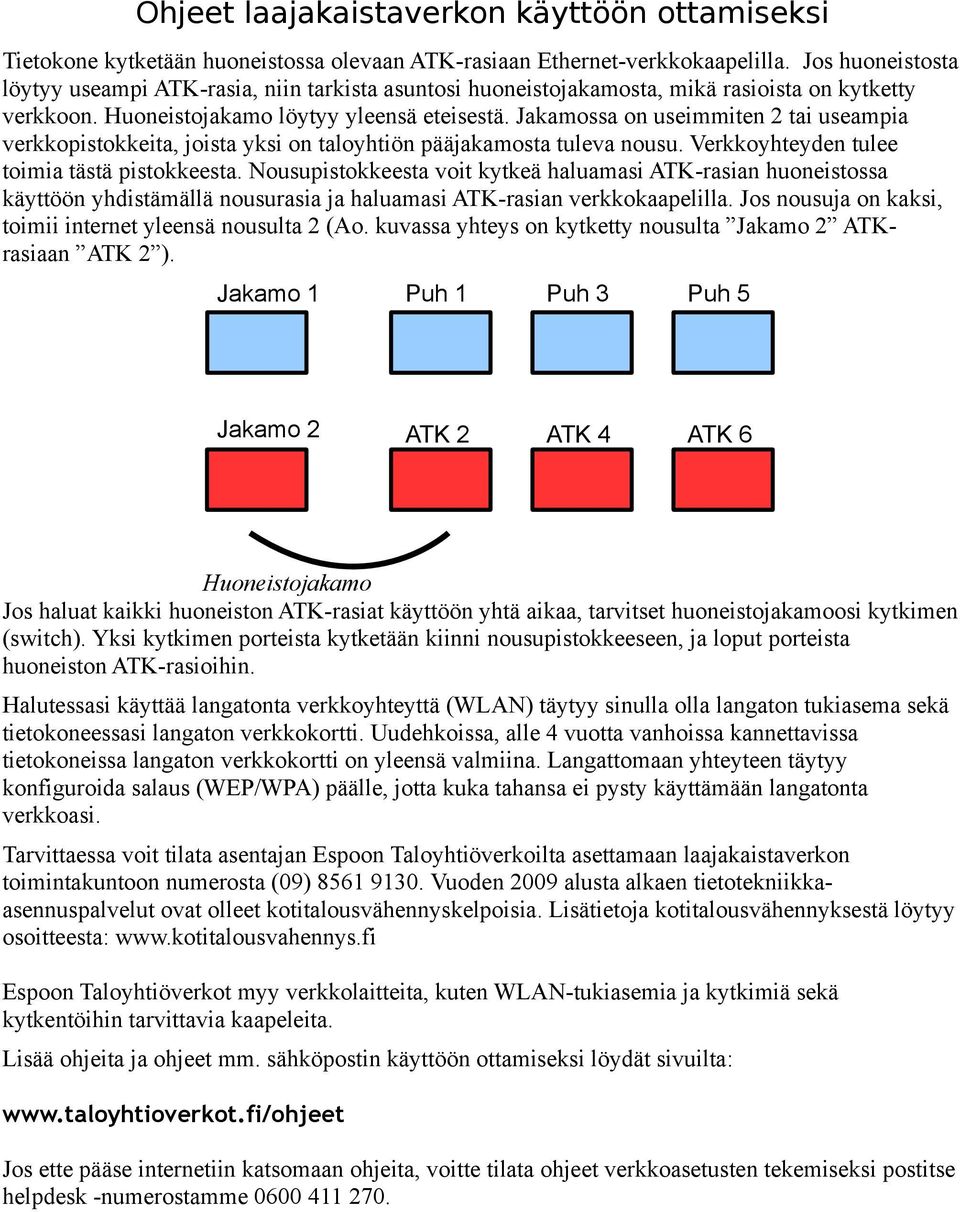 Jakamossa on useimmiten 2 tai useampia verkkopistokkeita, joista yksi on taloyhtiön pääjakamosta tuleva nousu. Verkkoyhteyden tulee toimia tästä pistokkeesta.