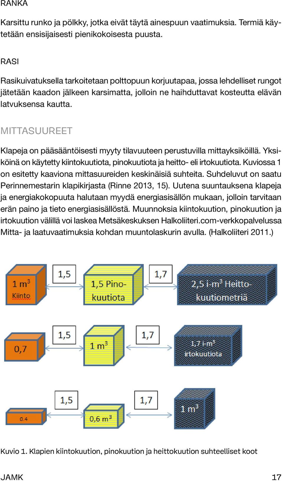 Mittasuureet Klapeja on pääsääntöisesti myyty tilavuuteen perustuvilla mittayksiköillä. Yksiköinä on käytetty kiintokuutiota, pinokuutiota ja heitto- eli irtokuutiota.