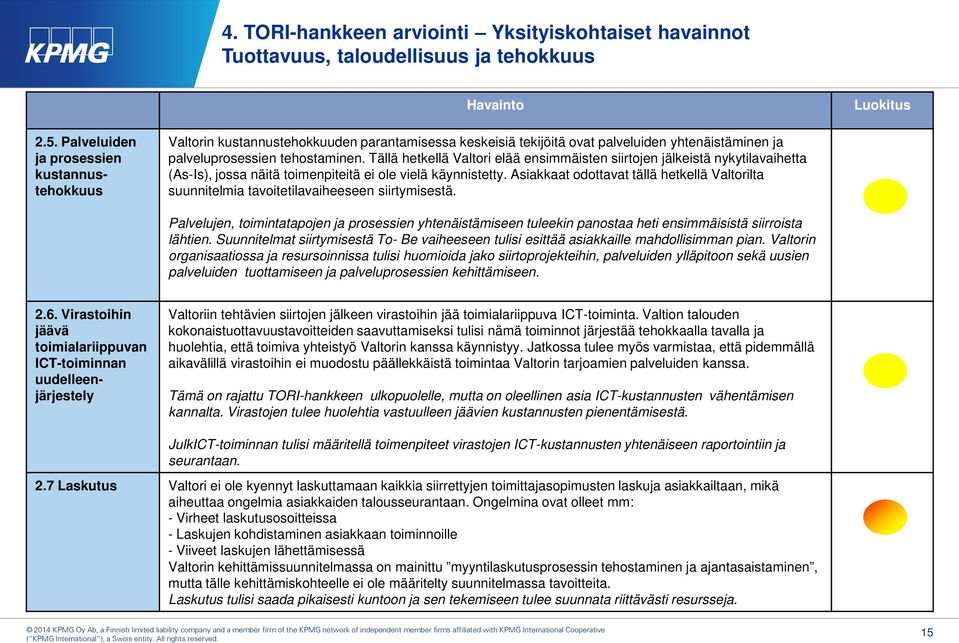 Tällä hetkellä Valtori elää ensimmäisten siirtojen jälkeistä nykytilavaihetta (As-Is), jossa näitä toimenpiteitä ei ole vielä käynnistetty.