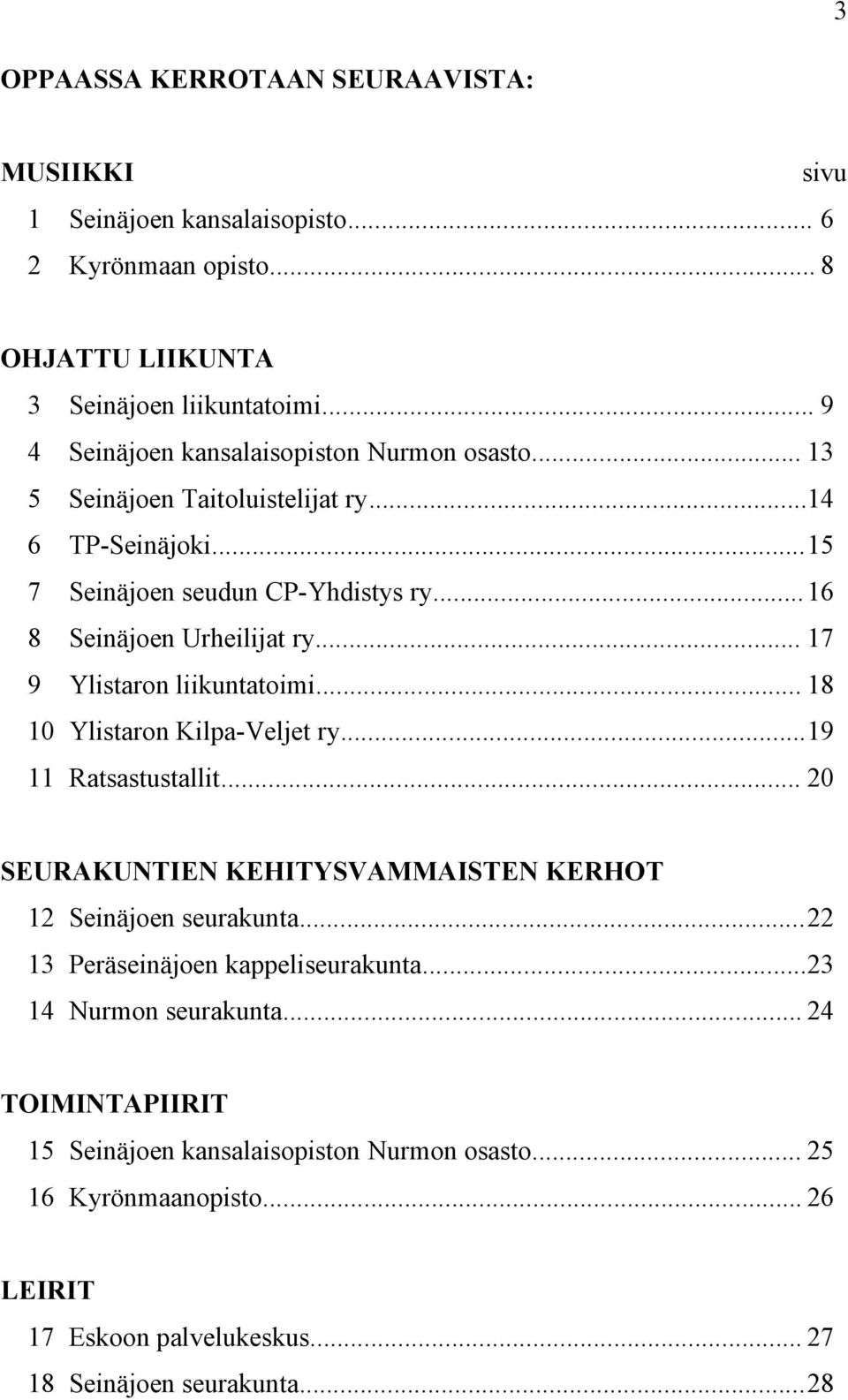 .. 17 9 Ylistaron liikuntatoimi... 18 10 Ylistaron Kilpa-Veljet ry...19 11 Ratsastustallit... 20 SEURAKUNTIEN KEHITYSVAMMAISTEN KERHOT 12 Seinäjoen seurakunta.