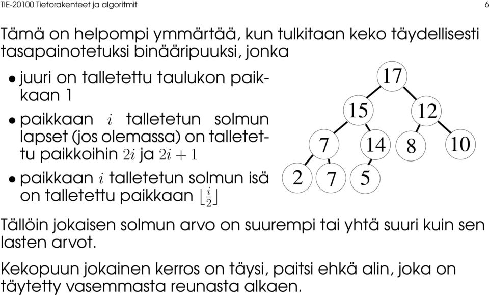 1 paikkaan i talletetun solmun isä on talletettu paikkaan i 2 7 2 7 Tällöin jokaisen solmun arvo on suurempi tai yhtä suuri kuin sen