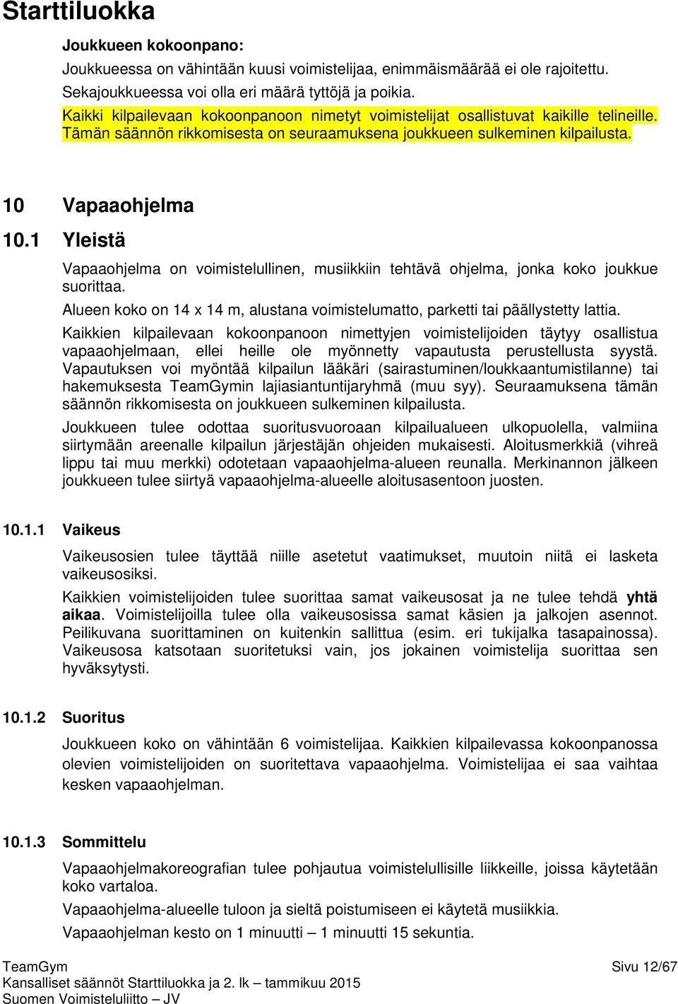 1 Yleistä Vapaaohjelma on voimistelullinen, musiikkiin tehtävä ohjelma, jonka koko joukkue suorittaa. Alueen koko on 14 x 14 m, alustana voimistelumatto, parketti tai päällystetty lattia.