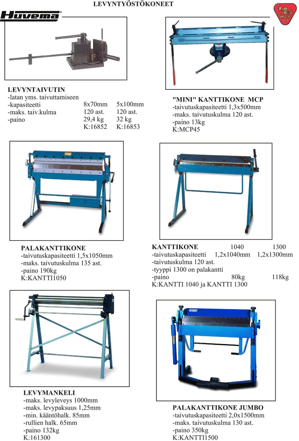 taivutuskulma 135 ast. 190kg K:KANTTI1050 KANTTIKONE 1040 1300 -taivutuskapasiteetti 1,2x1040mm 1,2x1300mm -taivutuskulma 120 ast.