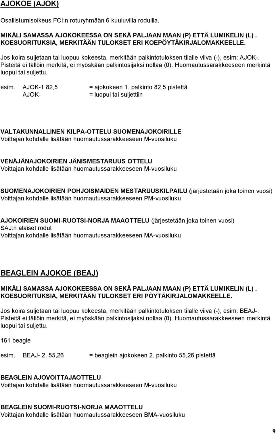 Pisteitä ei tällöin merkitä, ei myöskään palkintosijaksi nollaa (0). Huomautussarakkeeseen merkintä luopui tai suljettu. esim. AJOK-1 82,5 = ajokokeen 1.