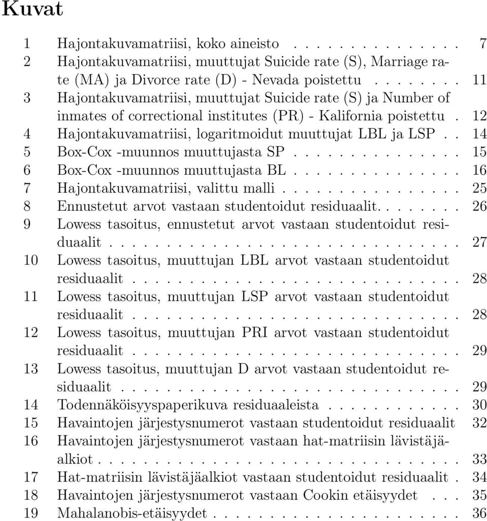 . 14 5 Box-Cox -muunnos muuttujasta SP............... 15 6 Box-Cox -muunnos muuttujasta BL............... 16 7 Hajontakuvamatriisi, valittu malli.