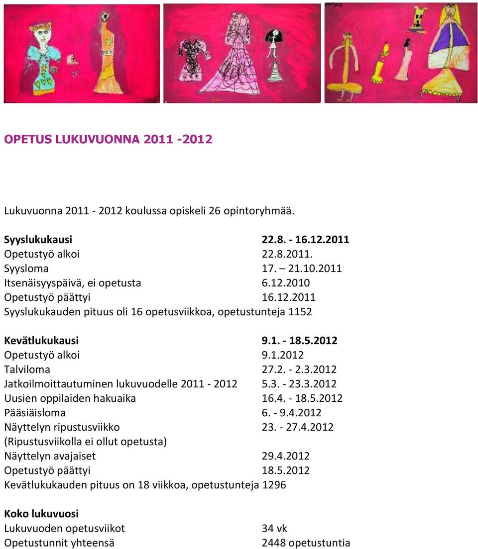 2. - 2.3.2012 Jatkoilmoittautuminen lukuvuodelle 2011-2012 5.3. - 23.3.2012 Uusien oppilaiden hakuaika 16.4. - 18.5.2012 Pääsiäisloma 6. - 9.4.2012 Näyttelyn ripustusviikko 23. - 27.4.2012 (Ripustusviikolla ei ollut opetusta) Näyttelyn avajaiset 29.