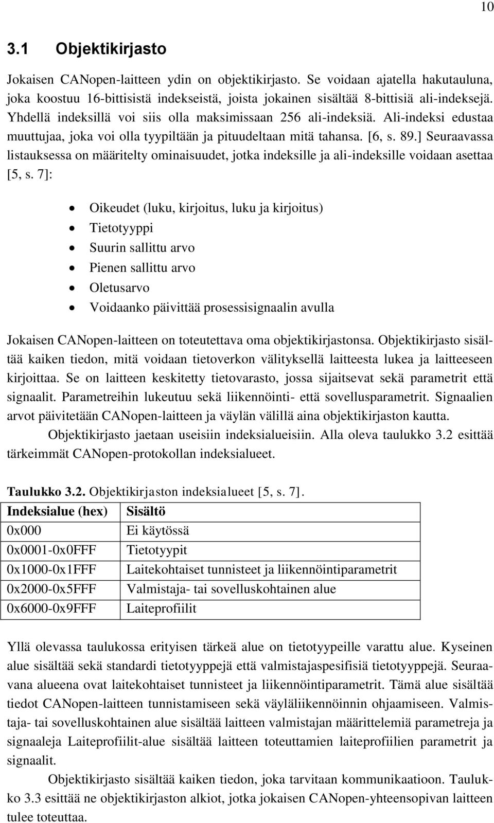 ] Seuraavassa listauksessa on määritelty ominaisuudet, jotka indeksille ja ali-indeksille voidaan asettaa [5, s.